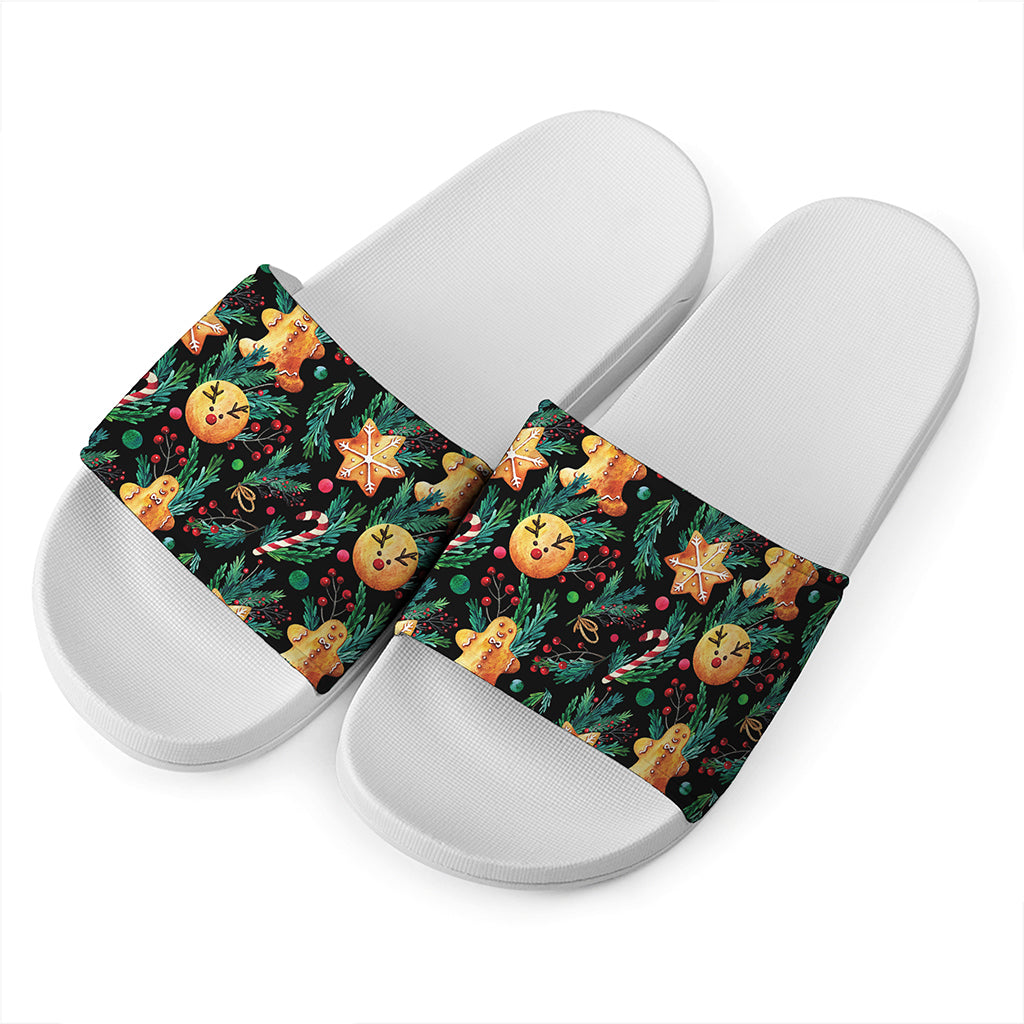 Watercolor Gingerbread Pattern Print White Slide Sandals