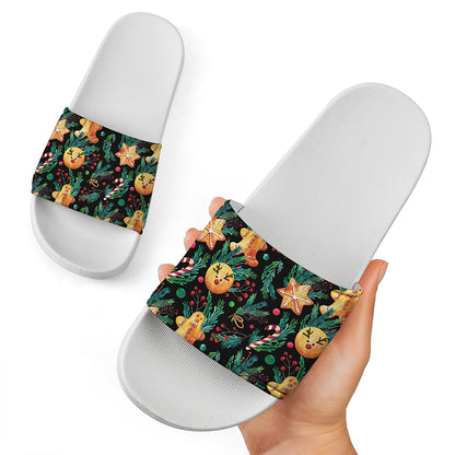 Watercolor Gingerbread Pattern Print White Slide Sandals