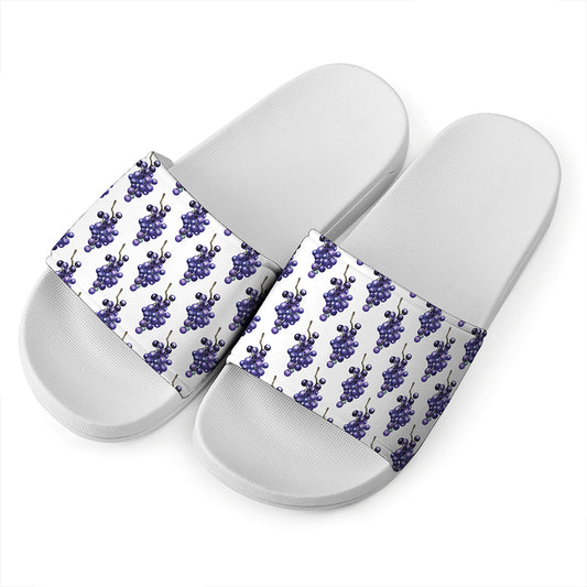 Watercolor Grape Pattern Print White Slide Sandals