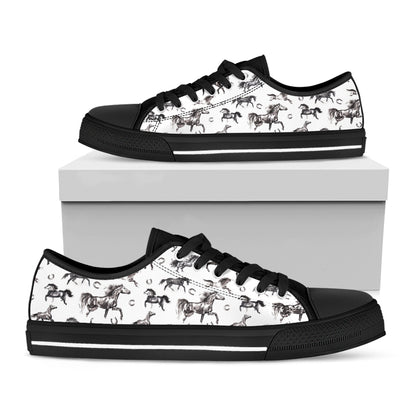 Watercolor Horse Pattern Print Black Low Top Shoes