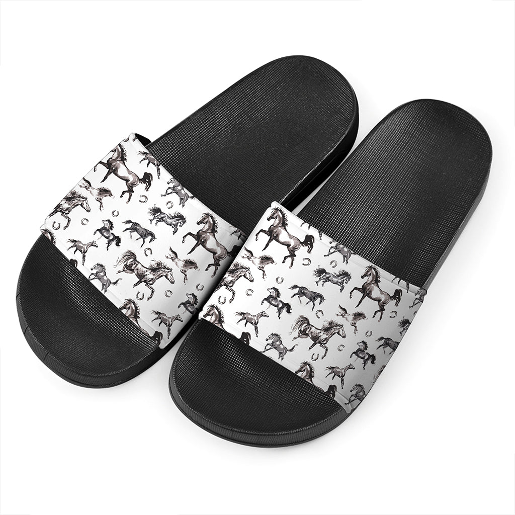 Watercolor Horse Pattern Print Black Slide Sandals