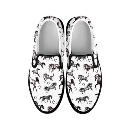Watercolor Horse Pattern Print Black Slip On Shoes
