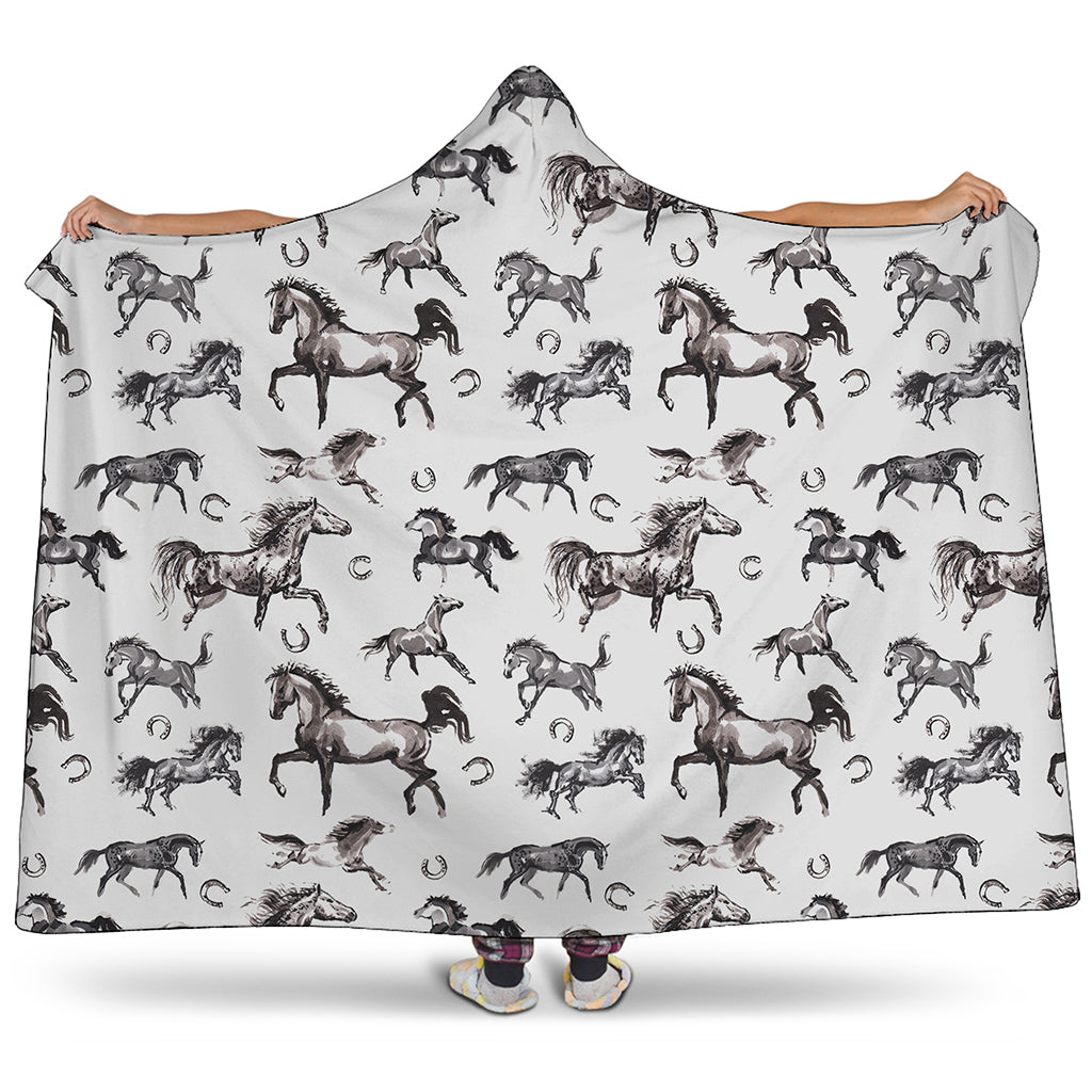Watercolor Horse Pattern Print Hooded Blanket
