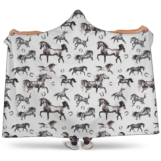 Watercolor Horse Pattern Print Hooded Blanket