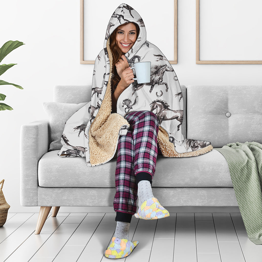 Watercolor Horse Pattern Print Hooded Blanket