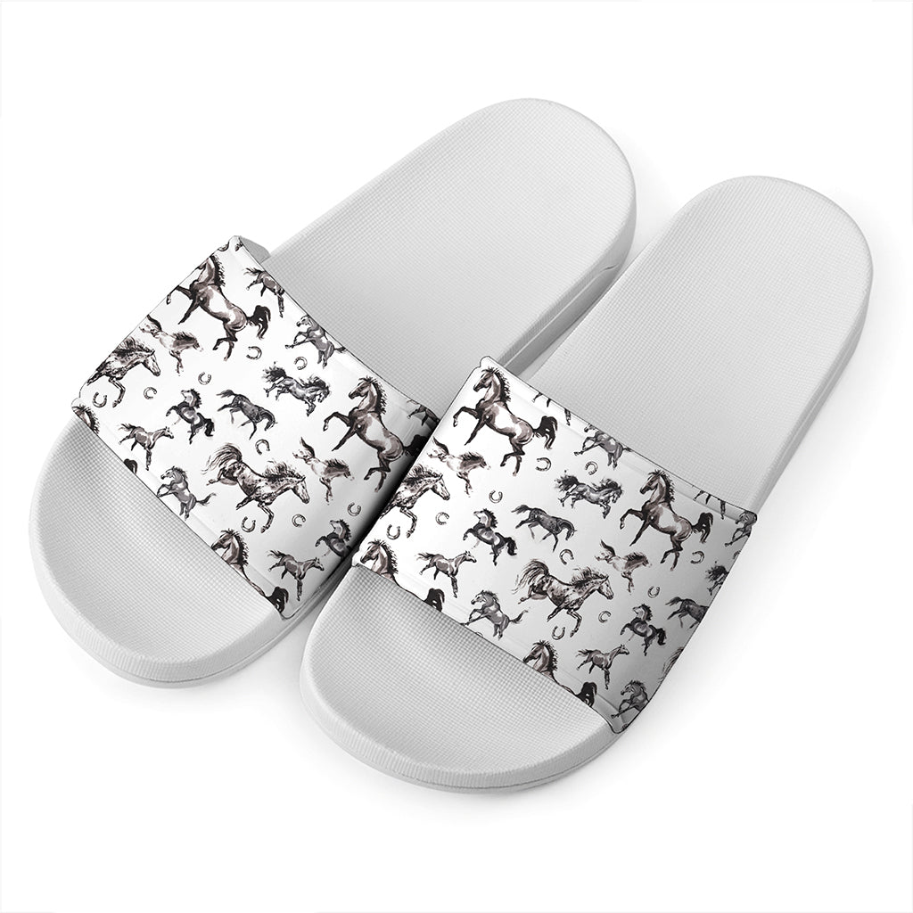 Watercolor Horse Pattern Print White Slide Sandals