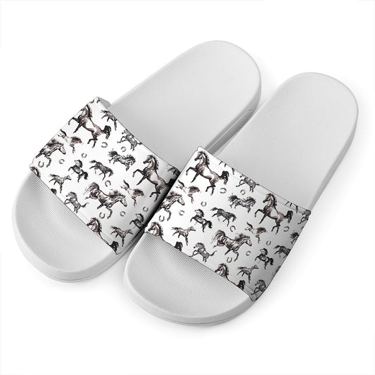 Watercolor Horse Pattern Print White Slide Sandals