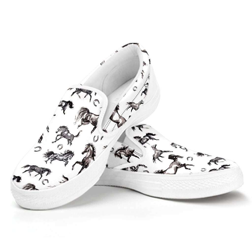 Watercolor Horse Pattern Print White Slip On Shoes
