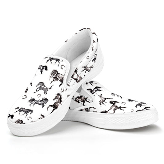 Watercolor Horse Pattern Print White Slip On Shoes