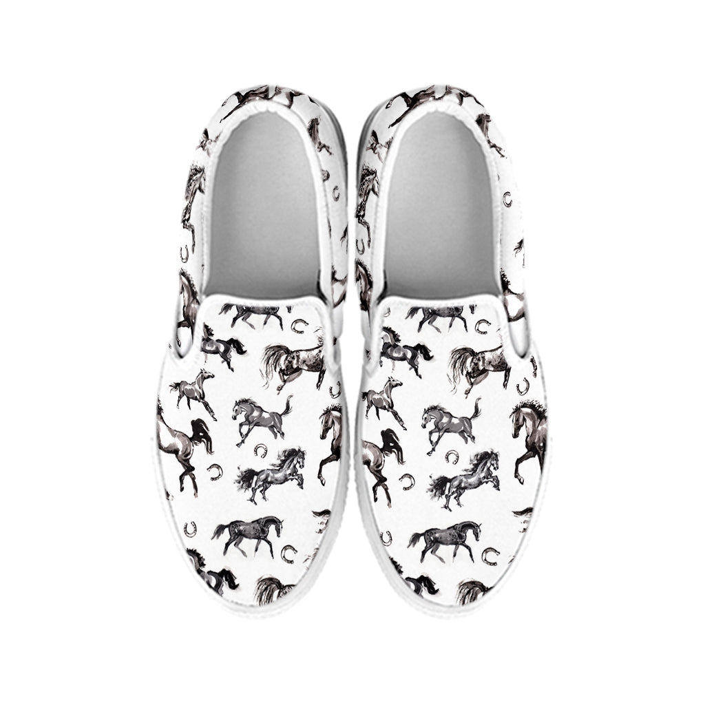 Watercolor Horse Pattern Print White Slip On Shoes