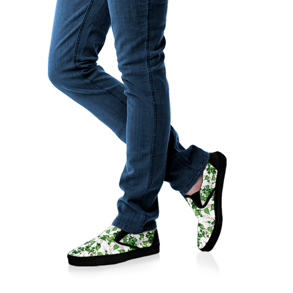 Watercolor Ivy Leaf Pattern Print Black Slip On Shoes
