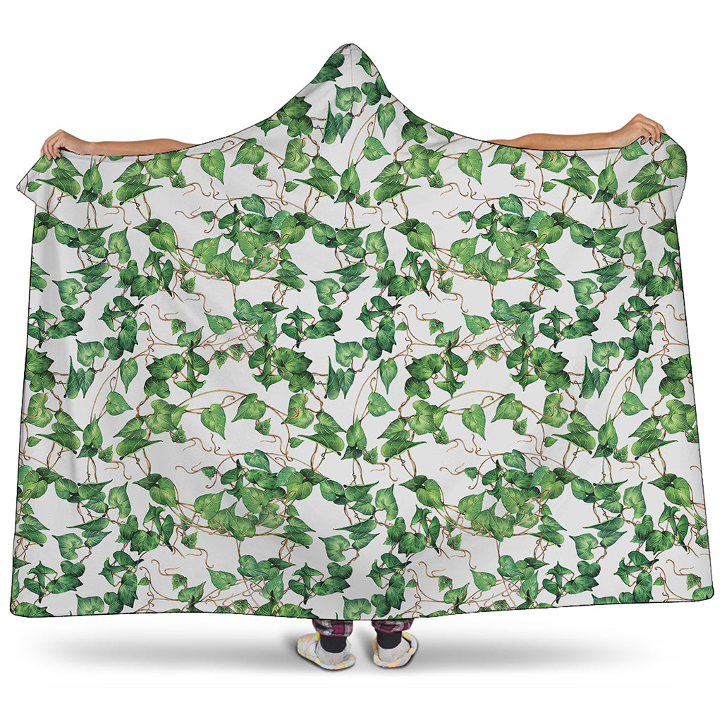 Watercolor Ivy Leaf Pattern Print Hooded Blanket