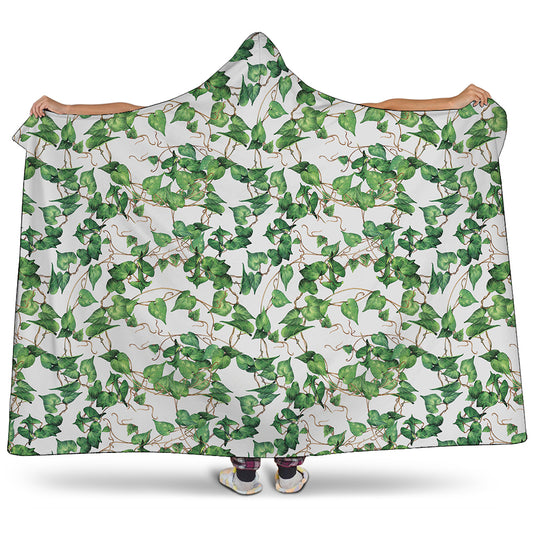 Watercolor Ivy Leaf Pattern Print Hooded Blanket