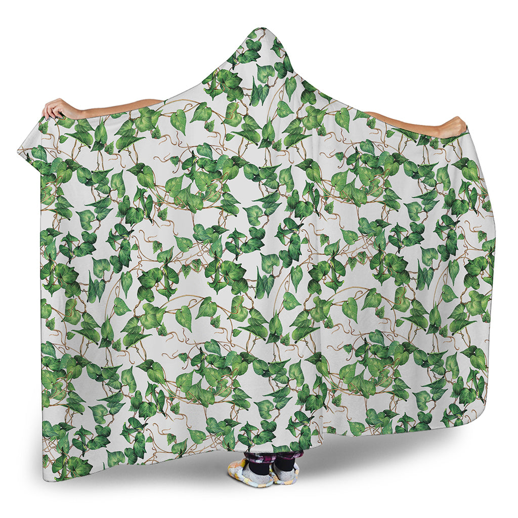 Watercolor Ivy Leaf Pattern Print Hooded Blanket