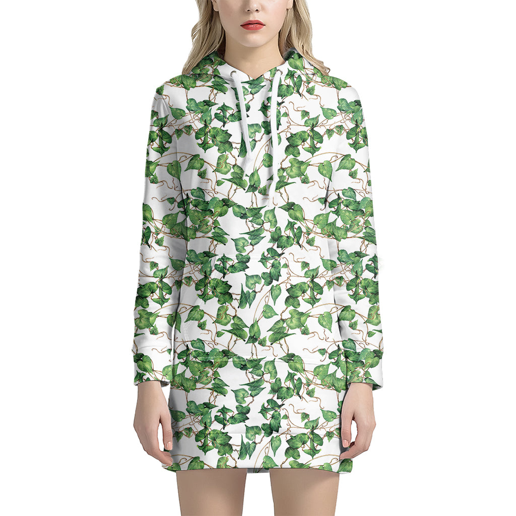 Watercolor Ivy Leaf Pattern Print Hoodie Dress