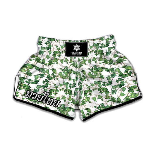 Watercolor Ivy Leaf Pattern Print Muay Thai Boxing Shorts