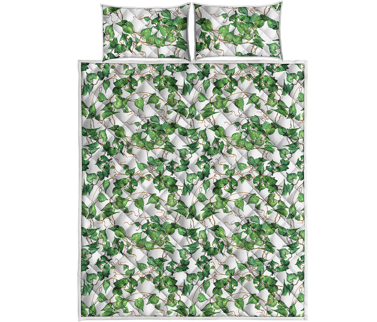 Watercolor Ivy Leaf Pattern Print Quilt Bed Set