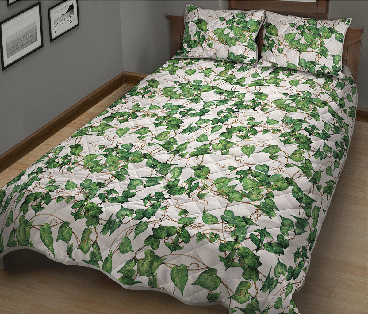 Watercolor Ivy Leaf Pattern Print Quilt Bed Set