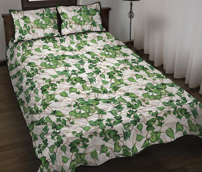 Watercolor Ivy Leaf Pattern Print Quilt Bed Set