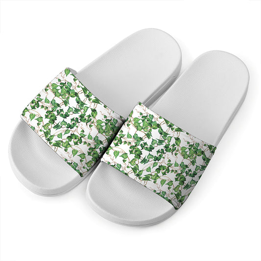 Watercolor Ivy Leaf Pattern Print White Slide Sandals