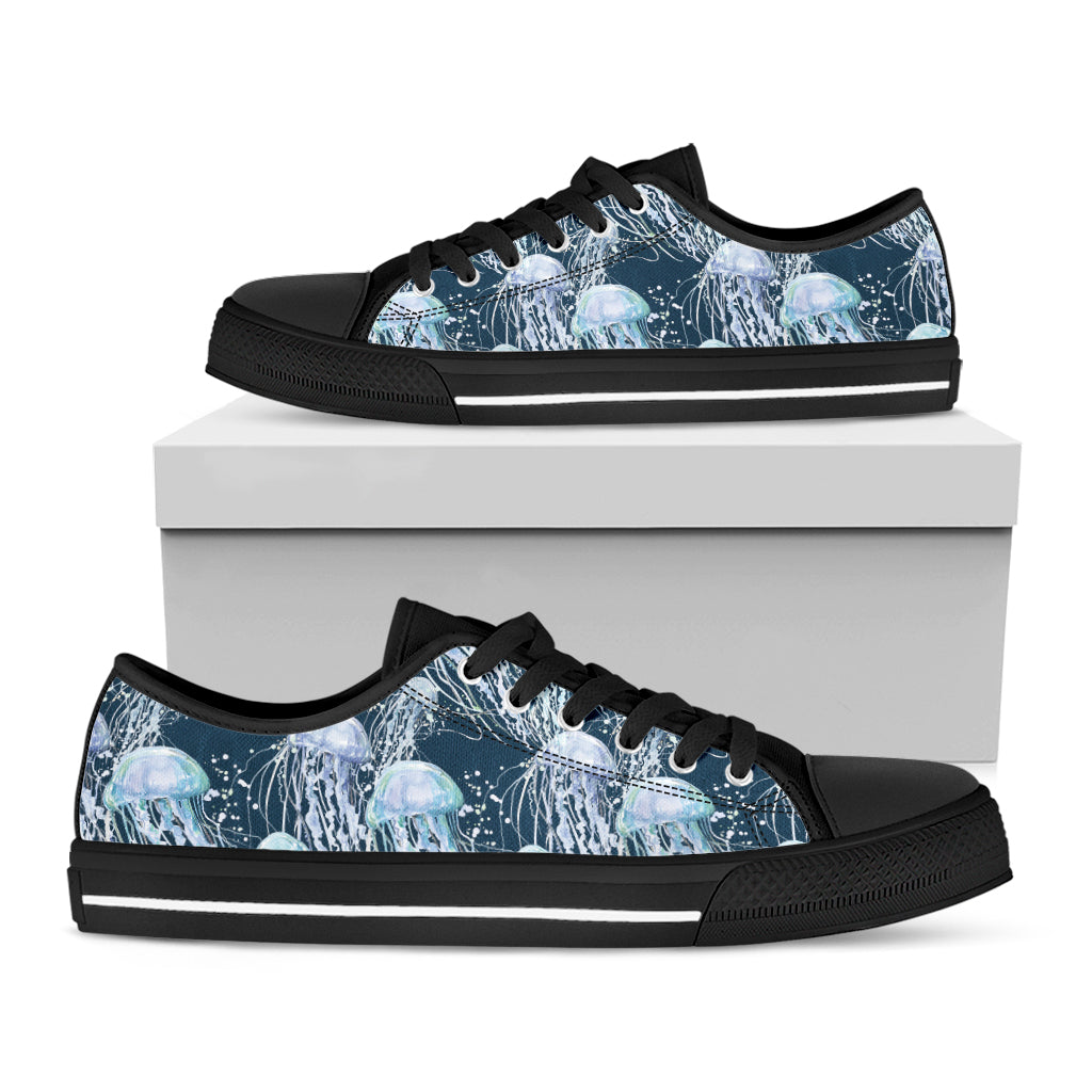 Watercolor Jellyfish Pattern Print Black Low Top Shoes