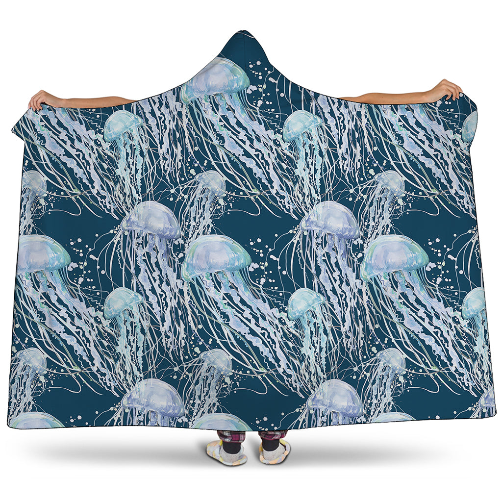 Watercolor Jellyfish Pattern Print Hooded Blanket