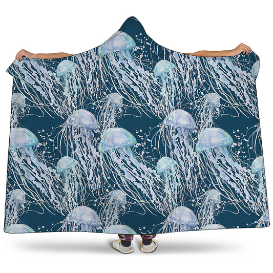 Watercolor Jellyfish Pattern Print Hooded Blanket