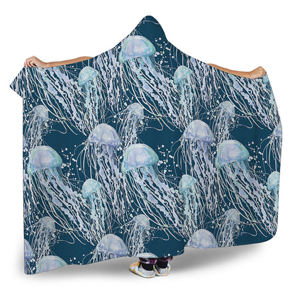 Watercolor Jellyfish Pattern Print Hooded Blanket