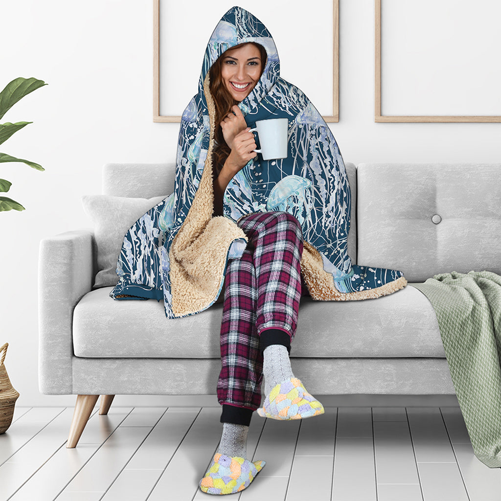 Watercolor Jellyfish Pattern Print Hooded Blanket