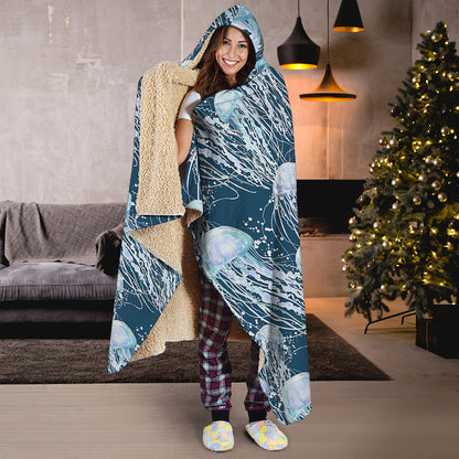 Watercolor Jellyfish Pattern Print Hooded Blanket