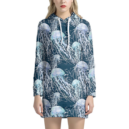 Watercolor Jellyfish Pattern Print Hoodie Dress