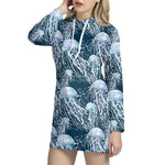 Watercolor Jellyfish Pattern Print Hoodie Dress