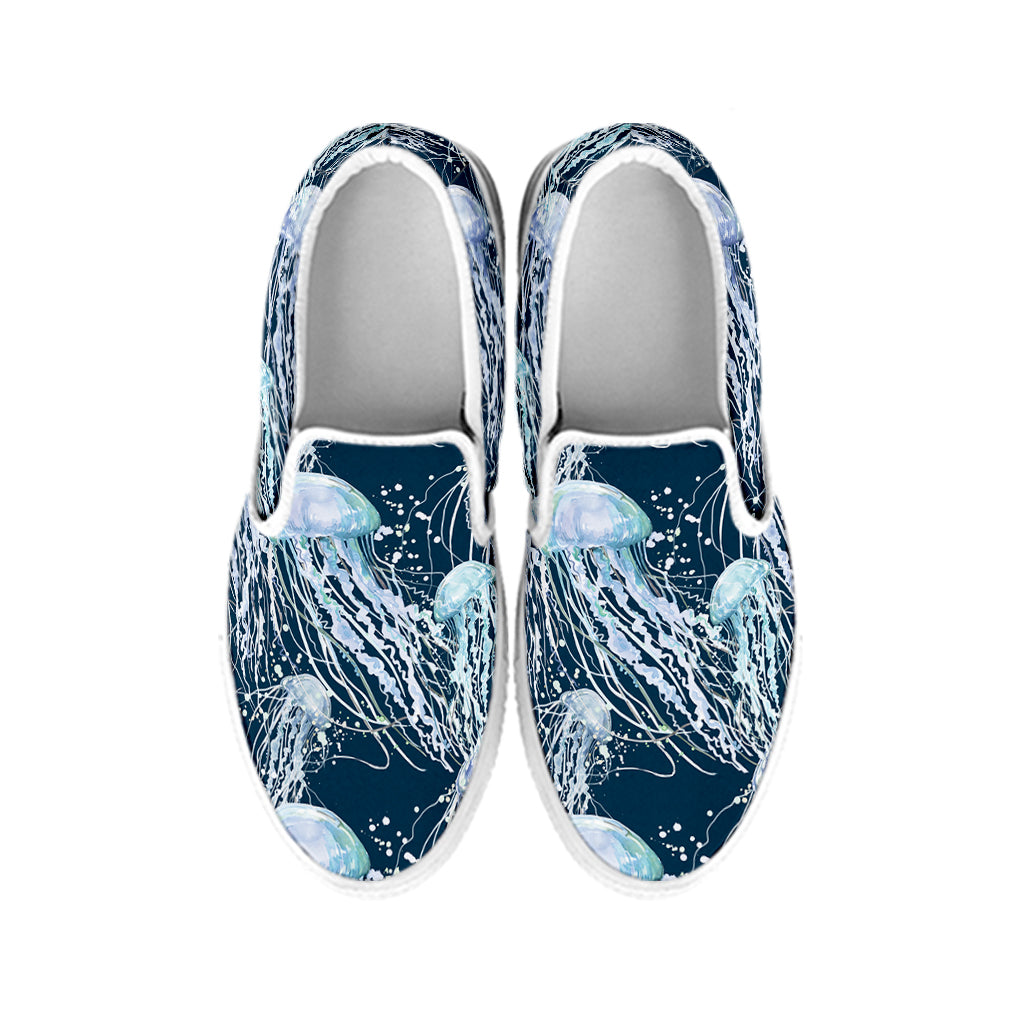 Watercolor Jellyfish Pattern Print White Slip On Shoes