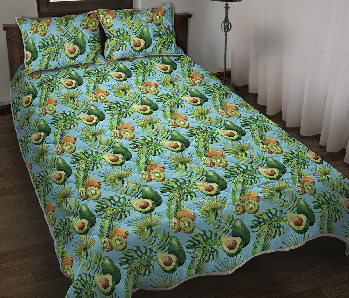 Watercolor Kiwi And Avocado Print Quilt Bed Set