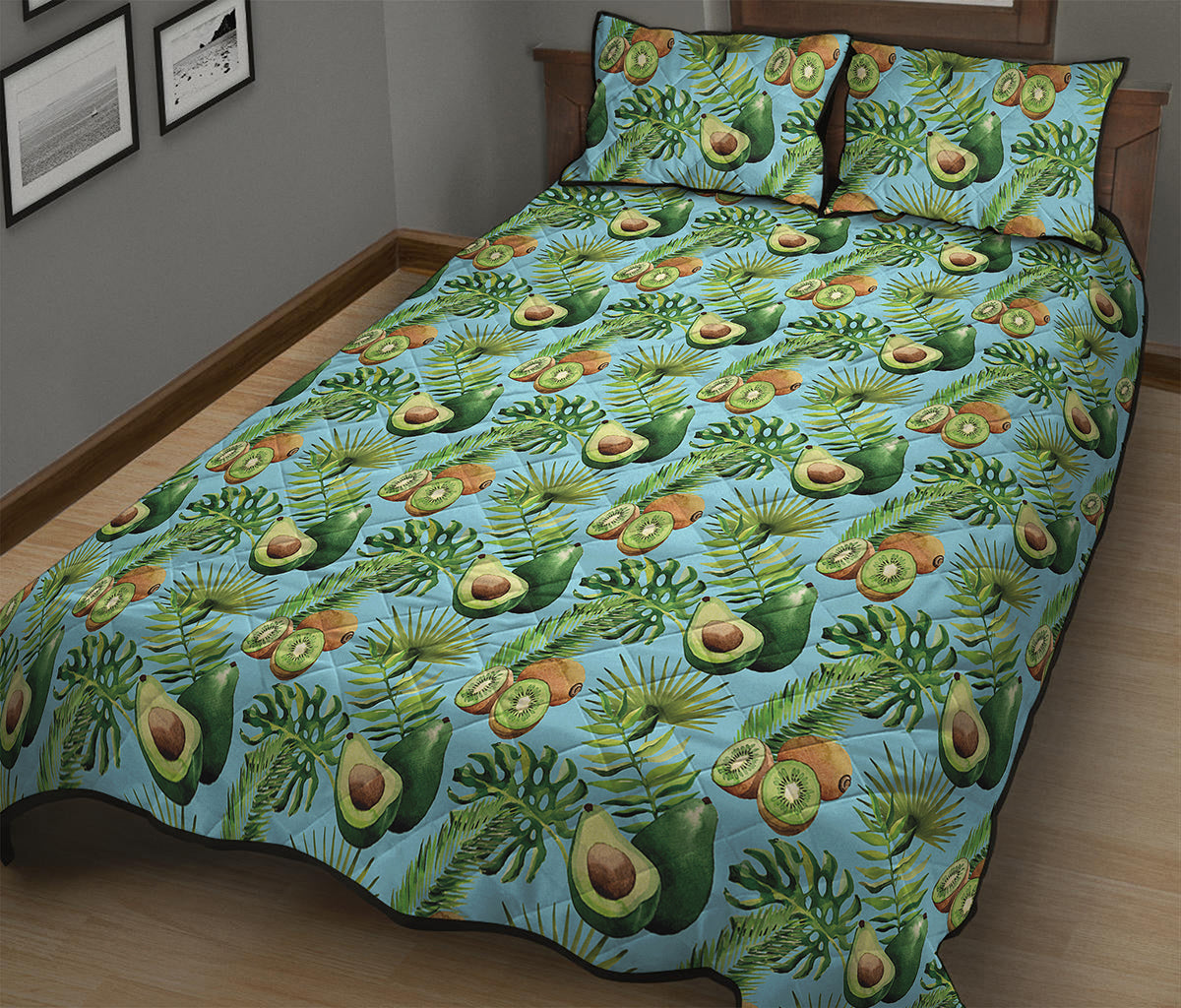 Watercolor Kiwi And Avocado Print Quilt Bed Set