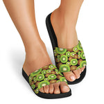 Watercolor Kiwi Pattern Print Black Slide Sandals