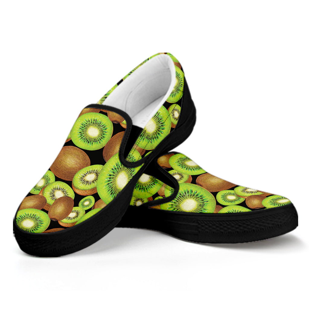 Watercolor Kiwi Pattern Print Black Slip On Shoes