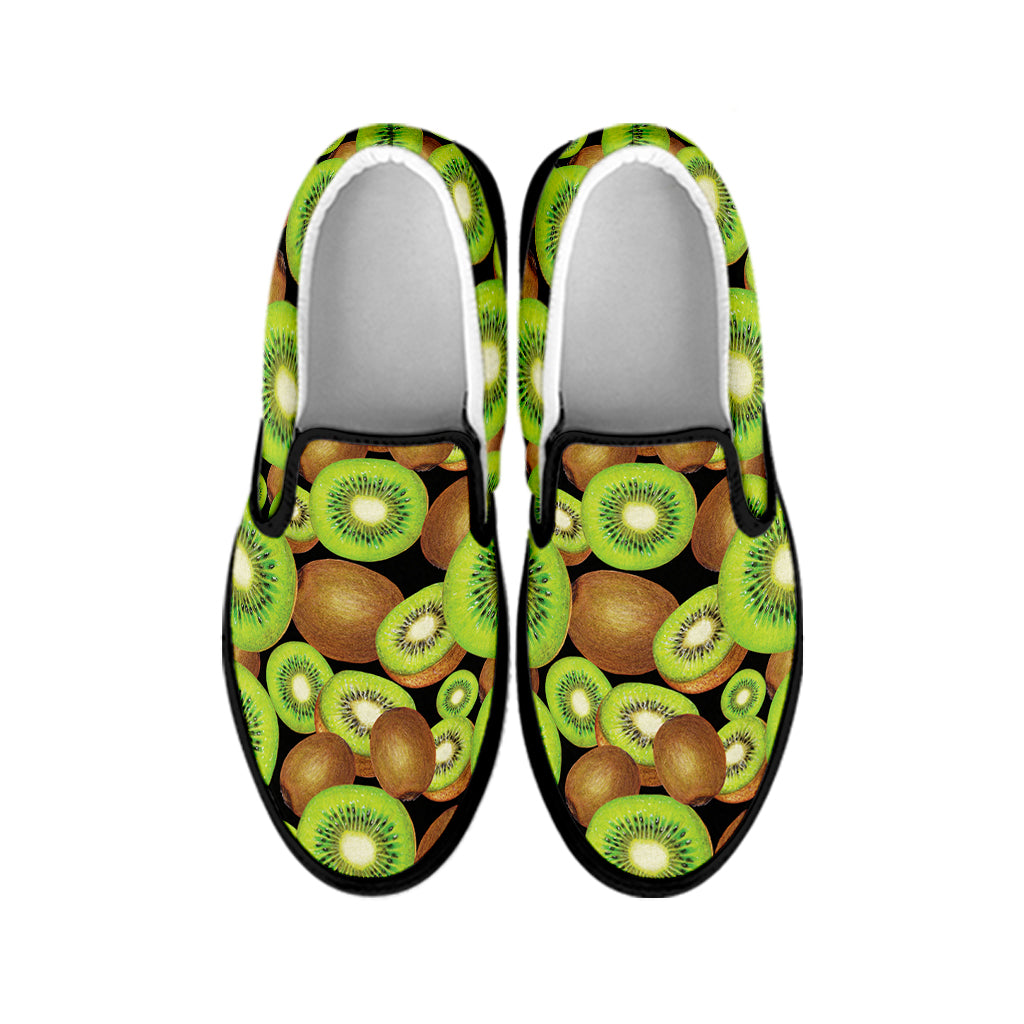 Watercolor Kiwi Pattern Print Black Slip On Shoes