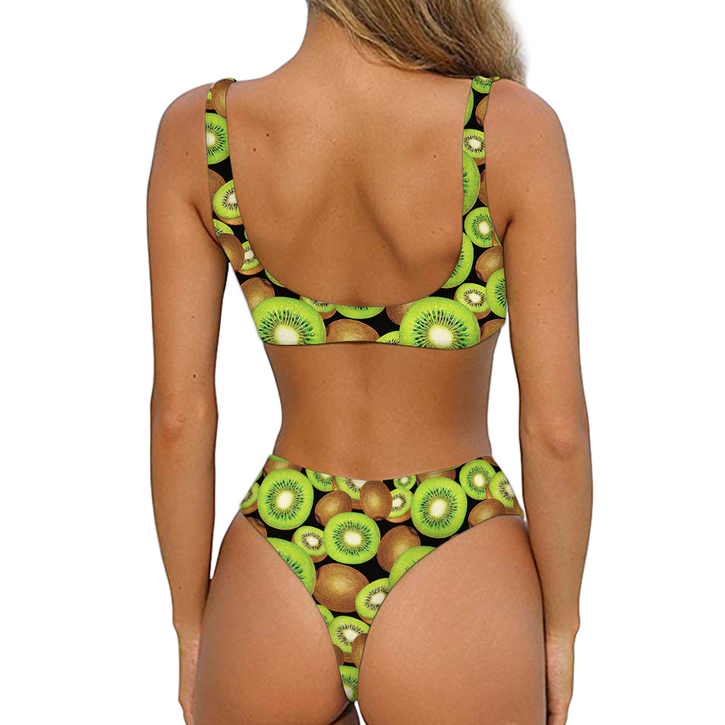 Watercolor Kiwi Pattern Print Front Bow Tie Bikini