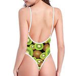 Watercolor Kiwi Pattern Print One Piece High Cut Swimsuit