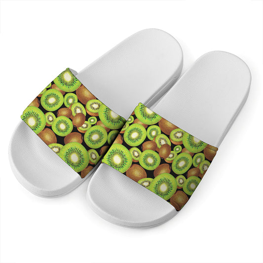 Watercolor Kiwi Pattern Print White Slide Sandals