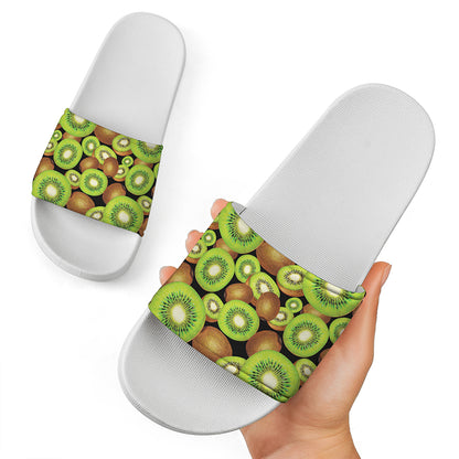 Watercolor Kiwi Pattern Print White Slide Sandals