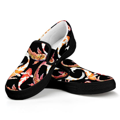 Watercolor Koi Carp Fish Pattern Print Black Slip On Shoes