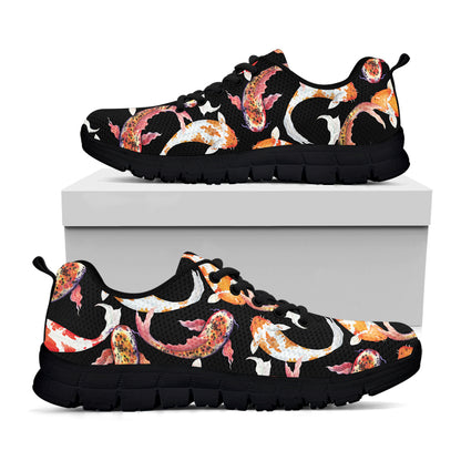 Watercolor Koi Carp Fish Pattern Print Black Sneakers