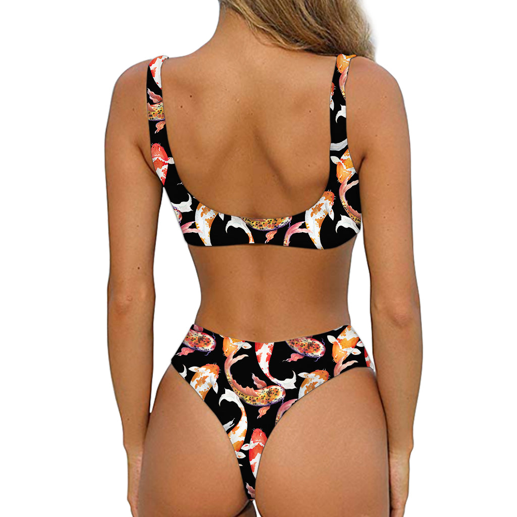 Watercolor Koi Carp Fish Pattern Print Front Bow Tie Bikini