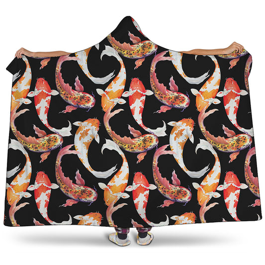 Watercolor Koi Carp Fish Pattern Print Hooded Blanket