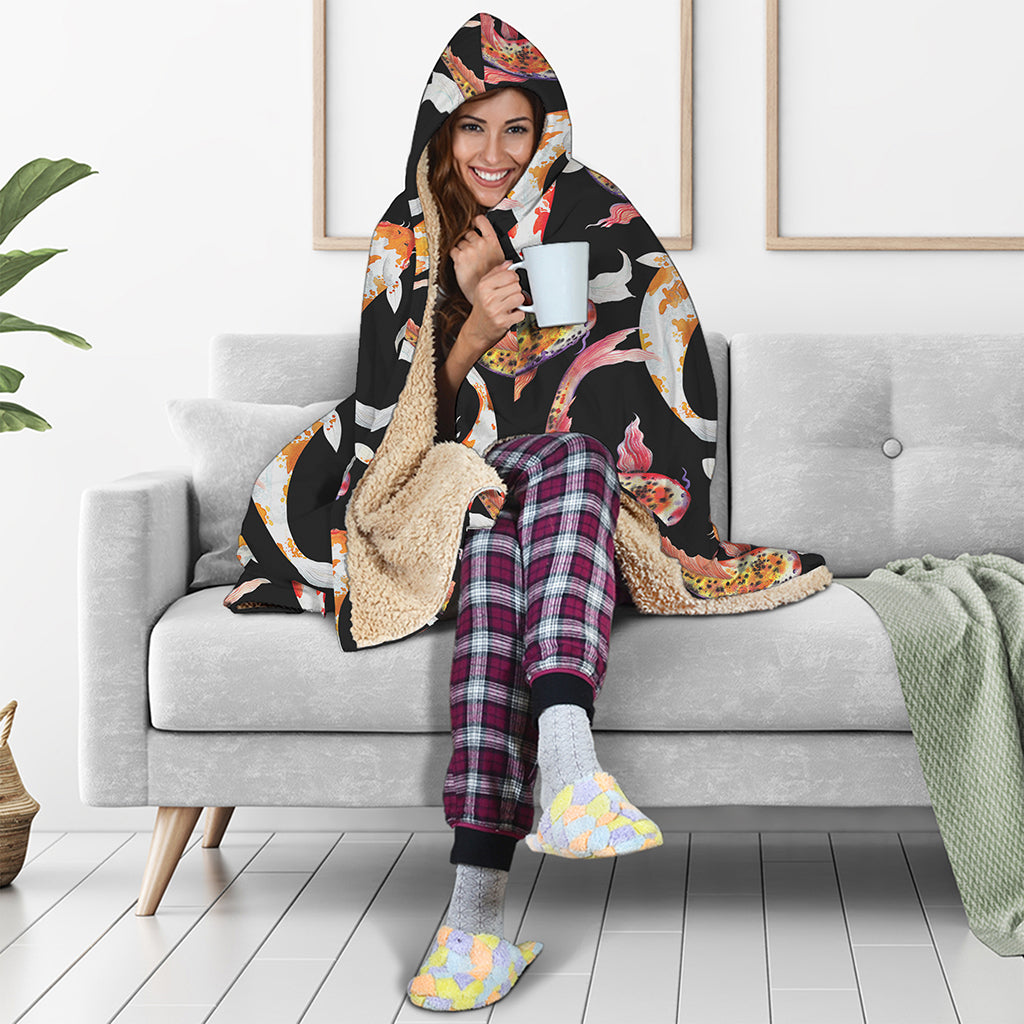 Watercolor Koi Carp Fish Pattern Print Hooded Blanket
