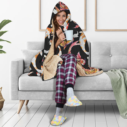 Watercolor Koi Carp Fish Pattern Print Hooded Blanket