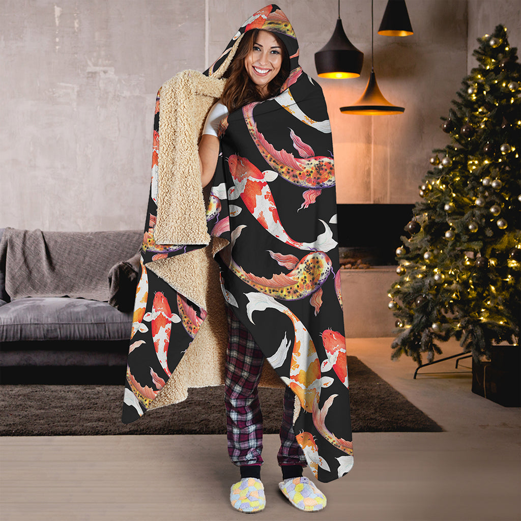 Watercolor Koi Carp Fish Pattern Print Hooded Blanket