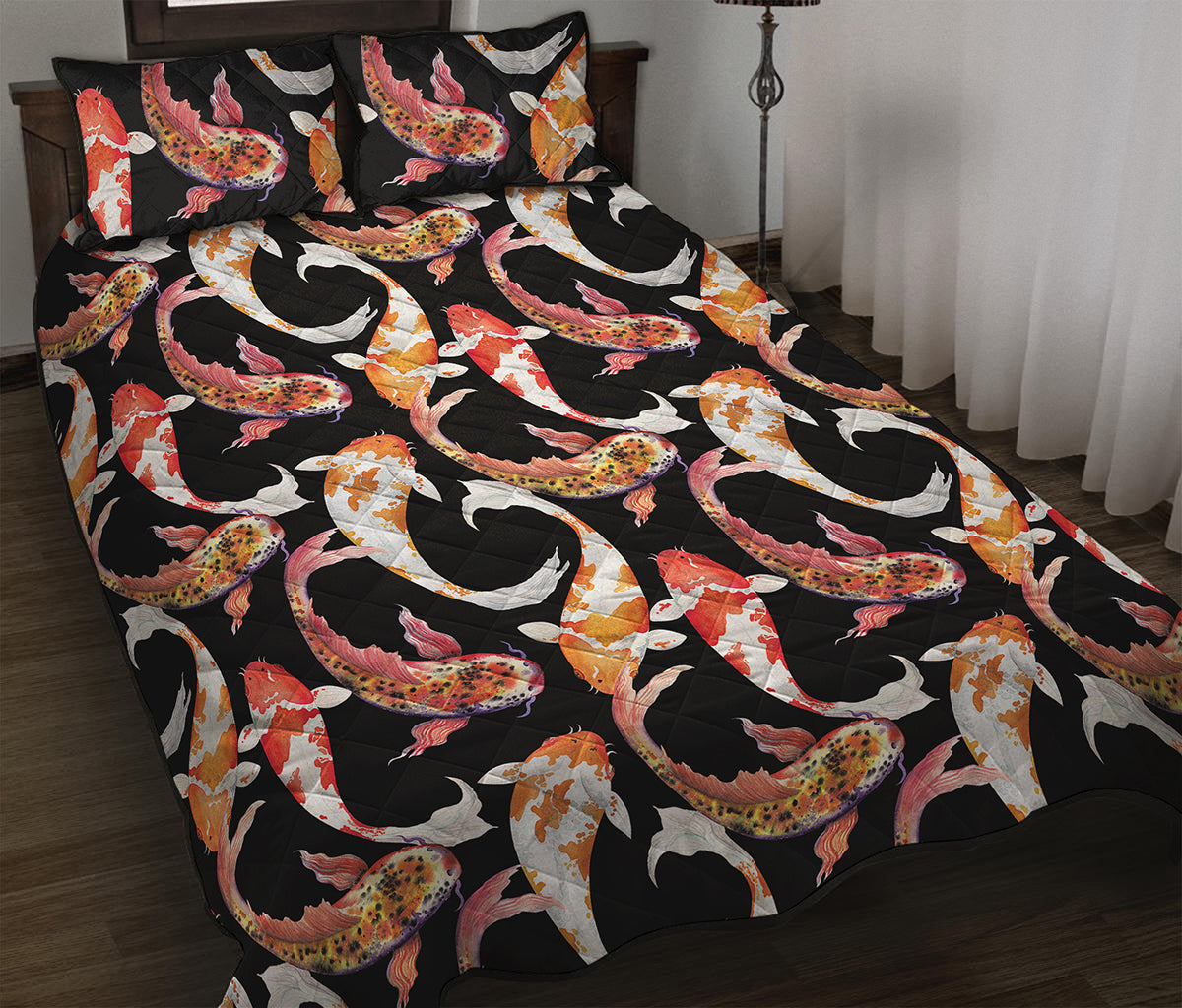 Watercolor Koi Carp Fish Pattern Print Quilt Bed Set